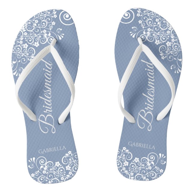 White Lace on Dusty Blue Bridesmaid Wedding Flip Flops (Footbed)