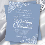 White Lace on Dusty Blue Budget Wedding Invitation<br><div class="desc">These affordable, budget friendly wedding invitations are the perfect choice for class, style, and beauty on a budget. The design features white floral lace frills in the corners on a dusty blue or periwinkle coloured background. The typography includes fancy script lettering for a style that is at once simple and...</div>