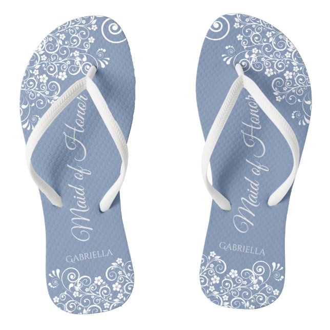 White Lace on Dusty Blue Maid of Honour Wedding Flip Flops (Footbed)