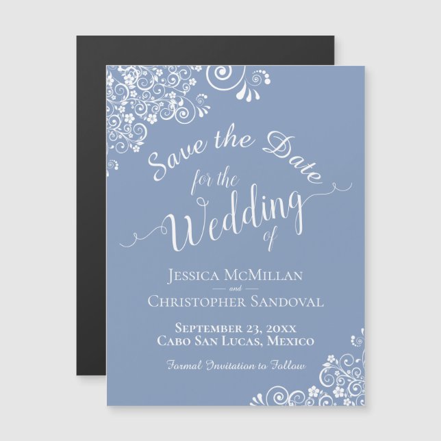 White Lace on Dusty Blue Save the Date Magnet (Front/Back)