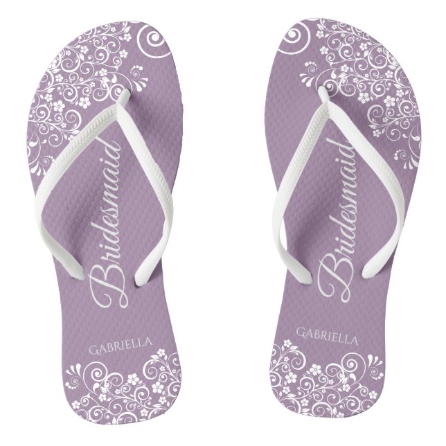 White Lace on Dusty Purple Bridesmaid Wedding Flip Flops (Footbed)