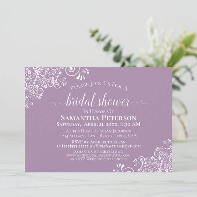 White Lace on Dusty Purple Elegant Bridal Shower Invitation (Standing Front)