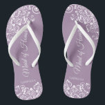 White Lace on Dusty Purple Maid of Honour Wedding Flip Flops<br><div class="desc">These beautiful wedding flip flops are a great way to thank and recognise your Maid of Honour while saving her feet at the same time. Features an elegant design with white floral lace filigree on a dusty purple, lilac, or lavender coloured background. The elegant script lettering reads Maid of Honour...</div>