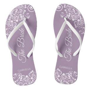 White Lace on Dusty Purple The Bride Wedding Flip Flops