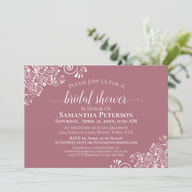 White Lace on Dusty Rose Elegant Bridal Shower Invitation (Standing Front)
