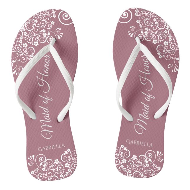 White Lace on Dusty Rose Maid of Honour Wedding Flip Flops (Footbed)