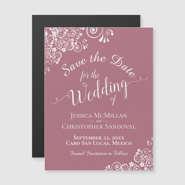 White Lace on Dusty Rose Save the Date Magnet (Front/Back)