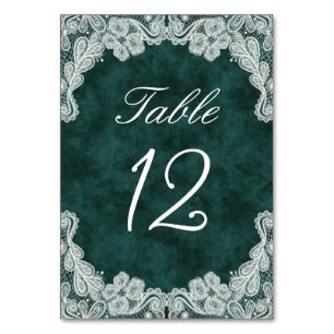 White Lace on Emerald Green Faux Velvet Table Number