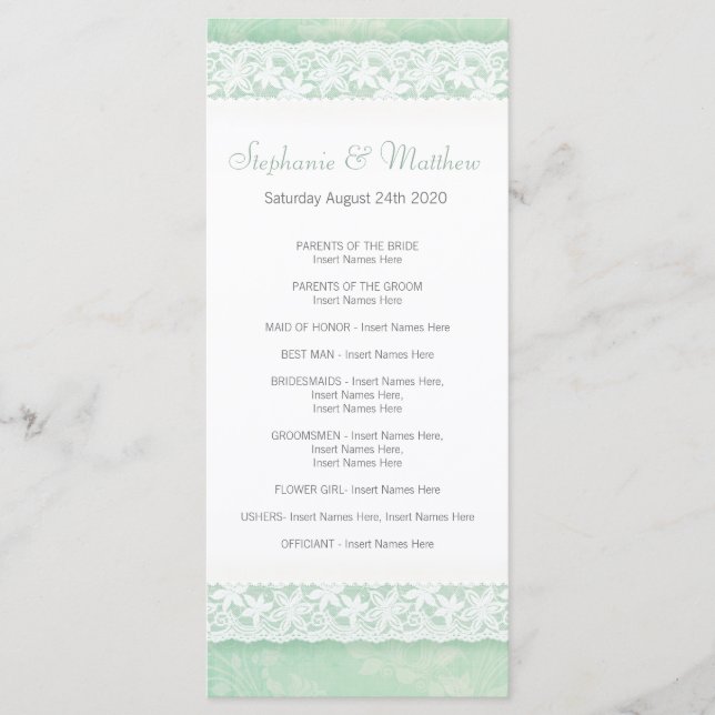 White lace on green wedding program rack card (Front)