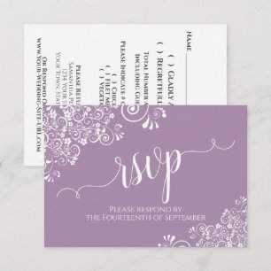 White Lace on Lavender Elegant Calligraphy Wedding RSVP Card