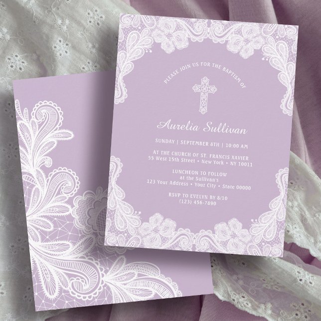 White Lace on Lilac Baptism Invitation (Creator Uploaded)