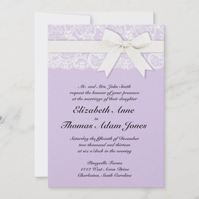 White Lace on Lilac Wedding Invitation (Front)