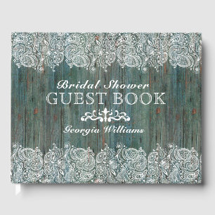 White Lace On Moss-Green Wood Texture Guest Book