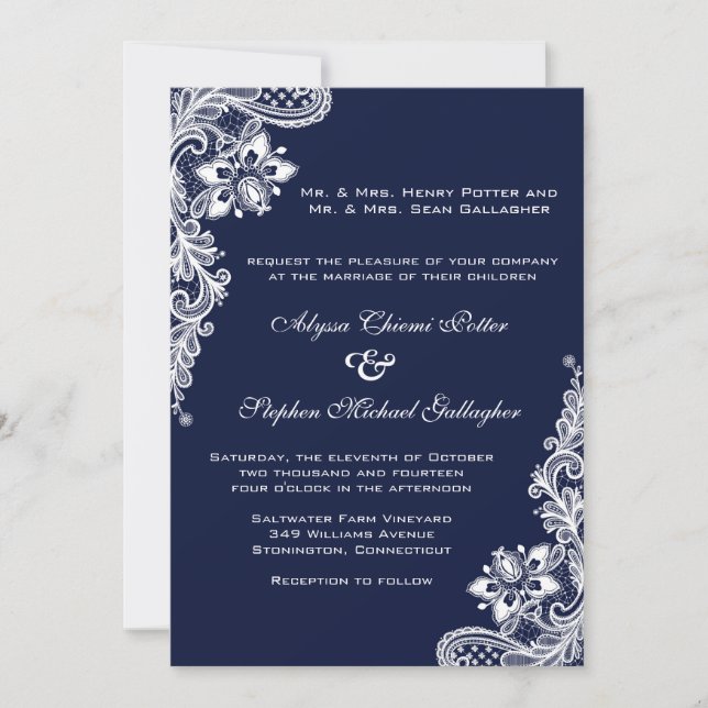 White lace on navy blue card (Front)