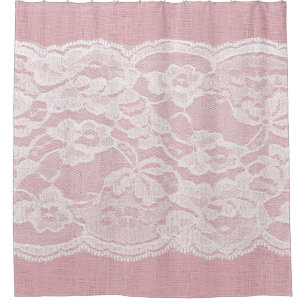 White Lace on Pastel Pink Linen Texture Shower Curtain