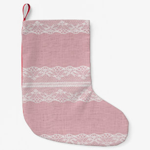 White Lace on Pastel Pink Linen Texture Small Christmas Stocking