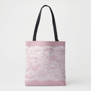 White Lace on Pastel Pink Linen Texture Tote Bag