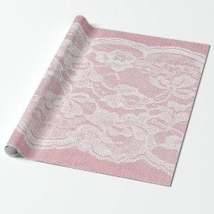 White Lace on Pastel Pink Linen Texture Wrapping Paper