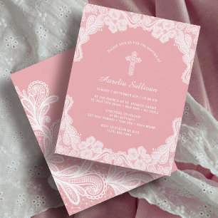 White Lace on Pink Baptism Invitation