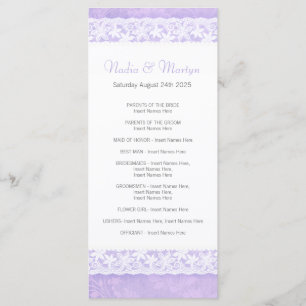 White lace on purple wedding program rack card