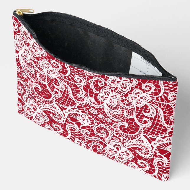 White Lace On Red Accessory Pouch (Open)