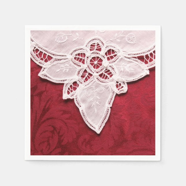 White lace on red fabric napkin (Front)