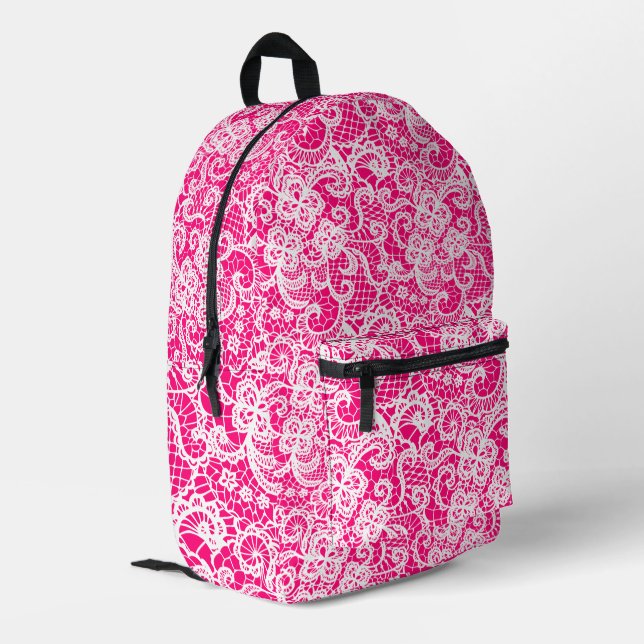 White Lace On Red Printed Backpack (Back Corner Left)