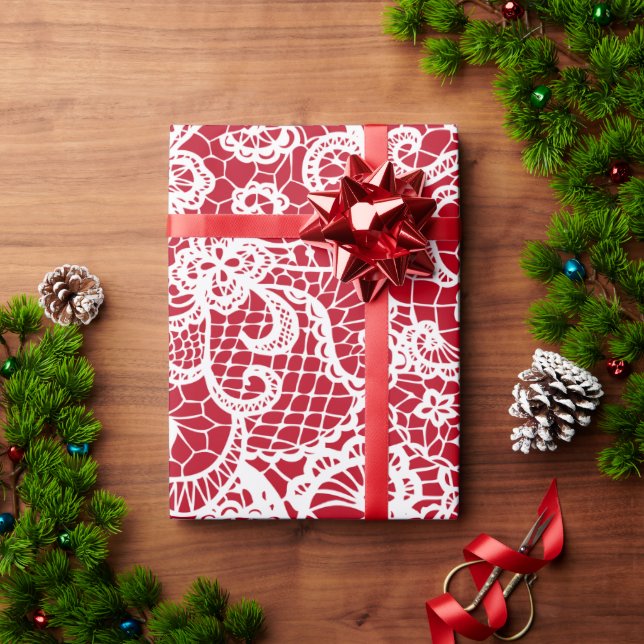 White Lace On Red Wrapping Paper (Holiday Gift)