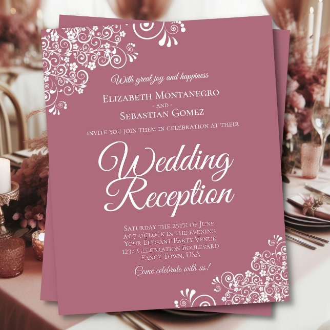 White Lace on Rose BUDGET Wedding Reception Invite (Front/Back)