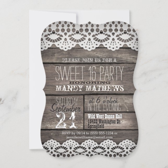 White Lace on Rustic Brown Wood Sweet 16 Party Invitation (Front)