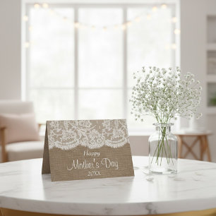 White Lace On Rustic Burlap Happy Mother's Day Card