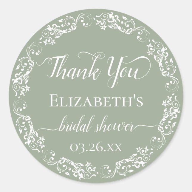 White Lace on Sage Green Bridal Shower Thank You Classic Round Sticker (Front)