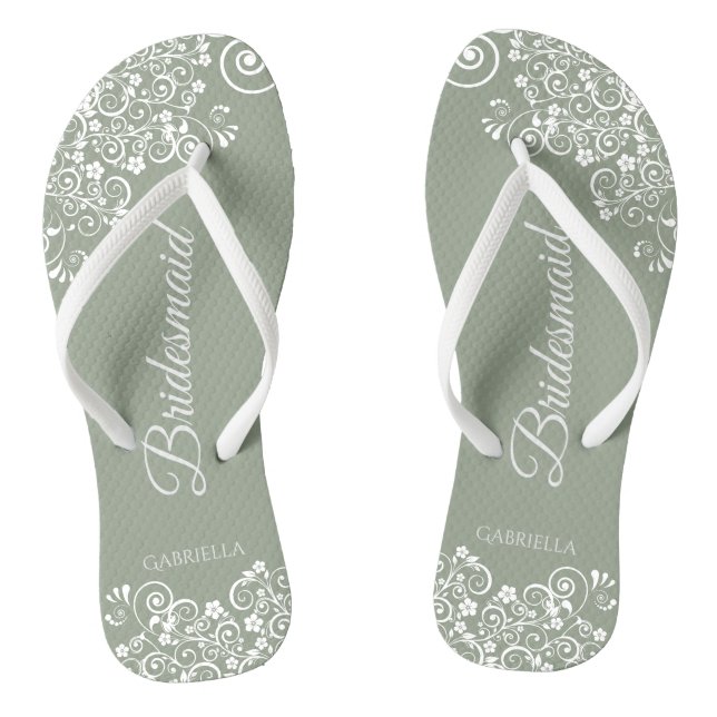 White Lace on Sage Green Bridesmaid Wedding Flip Flops (Footbed)