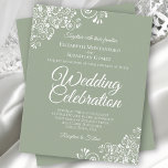 White Lace on Sage Green Budget Wedding Invitation<br><div class="desc">These affordable, budget friendly wedding invitations are the perfect choice for class, style, and beauty on a budget. The design features white floral lace frills in the corners on a sage green coloured background. The typography includes fancy script lettering for a style that is at once simple and elegant. Wonderful...</div>