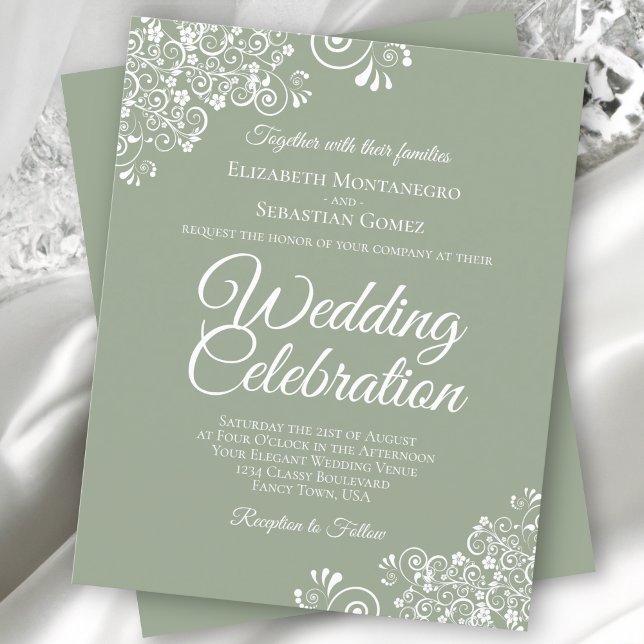 White Lace on Sage Green Budget Wedding Invitation (Creator Uploaded)