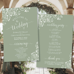 White Lace on Sage Green Budget Wedding Program
