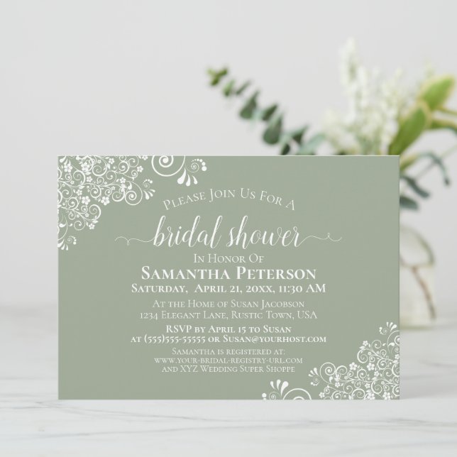 White Lace on Sage Green Elegant Bridal Shower Invitation (Standing Front)
