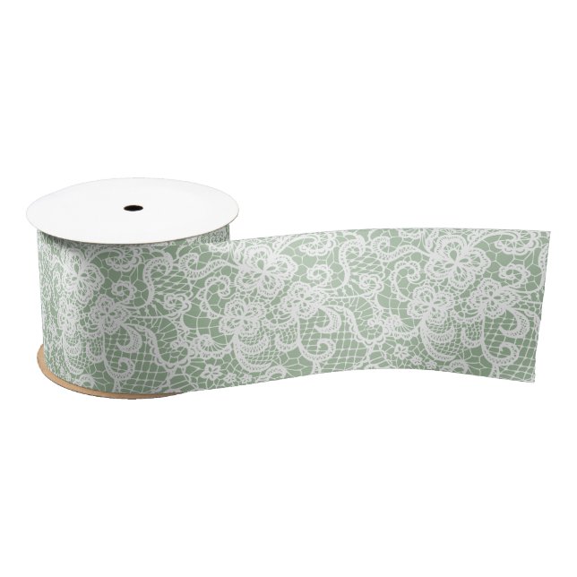 White Lace on Sage Green Satin Ribbon (Spool)