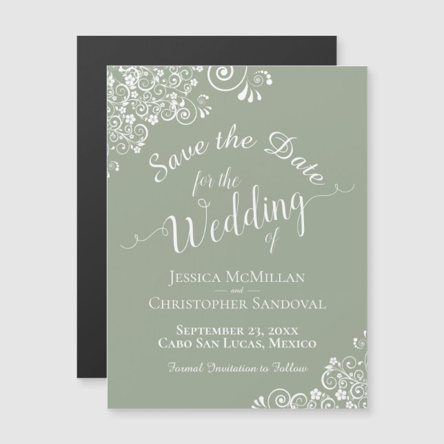 White Lace on Sage Green Save the Date Magnet (Front/Back)
