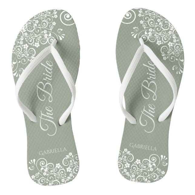 White Lace on Sage Green The Bride Elegant Wedding Flip Flops (Footbed)