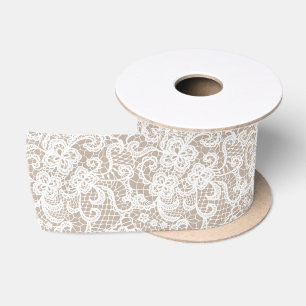 White Lace on Taupe Satin Ribbon