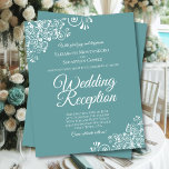 White Lace on Teal BUDGET Wedding Reception Invite<br><div class="desc">These affordable, budget friendly wedding reception invitations are the perfect choice for class, style, and beauty on a budget. Designed for guests who are invited to the reception but not the ceremony, they feature a beautiful teal or turquoise coloured background with ornate white faux lace frills in the corners. The...</div>