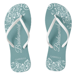 White Lace on Teal Elegant Bridesmaid Wedding Flip Flops