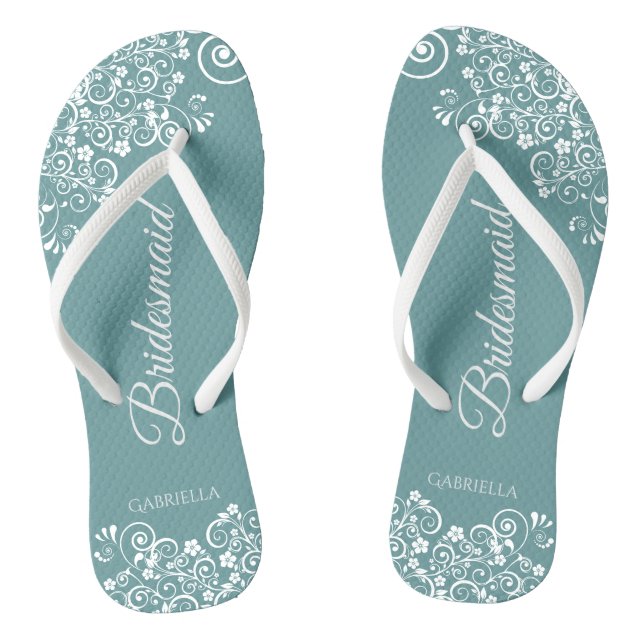 White Lace on Teal Elegant Bridesmaid Wedding Flip Flops (Footbed)
