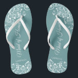 White Lace on Teal Elegant Maid of Honour Wedding Flip Flops<br><div class="desc">These beautiful wedding flip flops are a great way to thank and recognise your Maid of Honour while saving her feet at the same time. Features an elegant design with white floral lace filigree on a teal or turquoise coloured background. The elegant script lettering reads Maid of Honour with her...</div>
