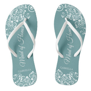 White Lace on Teal Elegant Maid of Honour Wedding Flip Flops