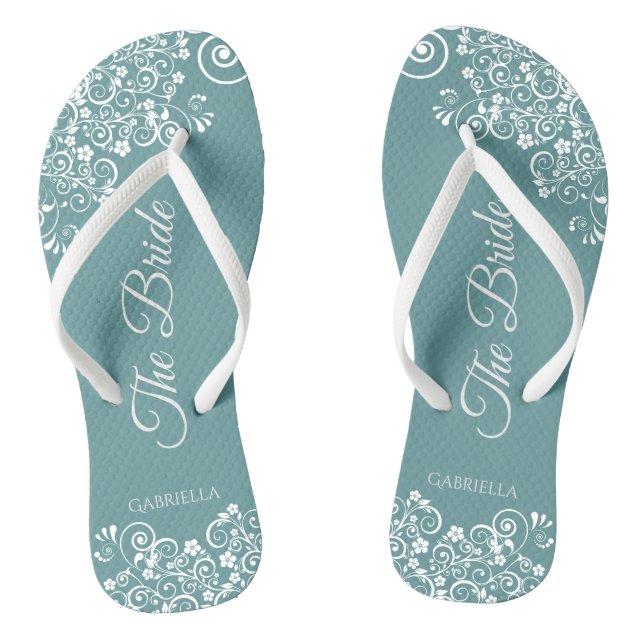 White Lace on Teal Simple Elegant Bride's Wedding Flip Flops (Footbed)