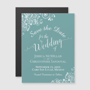 White Lace on Teal Wedding Save the Date Magnet