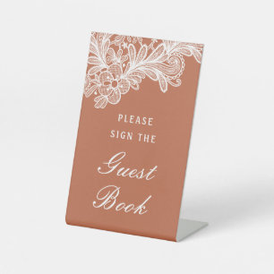 White Lace on Terracotta Guest Book Pedestal Sign