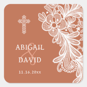 White Lace on Terracotta Religious Wedding Square Sticker